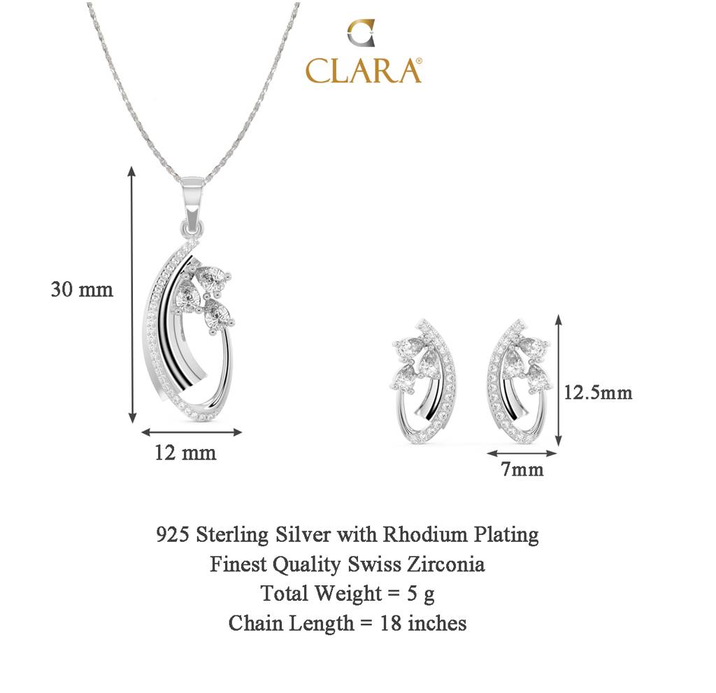 925 Sterling Silver Rhodium Plated Swiss Zirconia Orla Pendant Earring Chain Jewellery Set Gift For Women & Girls : CSPSP1E1