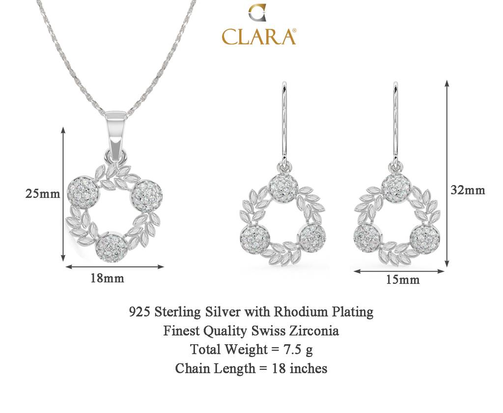 925 Sterling Silver Rhodium Plated Swiss Zirconia Alma Pendant Earring Chain Jewellery Set Gift For Women & Girls : CSPSP8E8