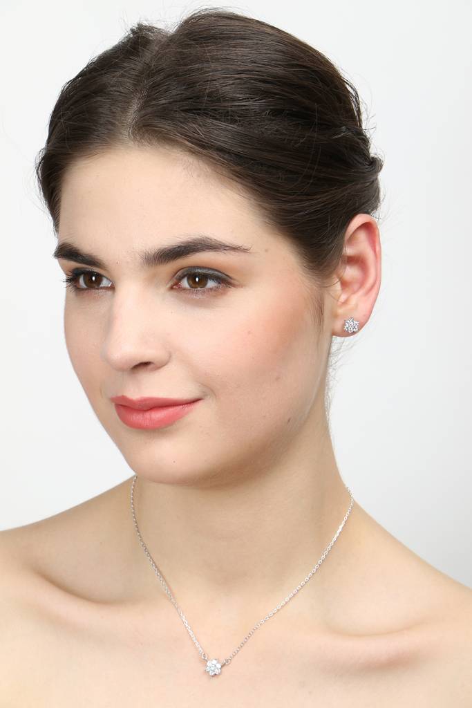 925 Sterling Silver Rhodium Plated Star Pendant Earring Necklace Set With Chain Gift For Women And Girls : CSWZMP52ME52_SCH