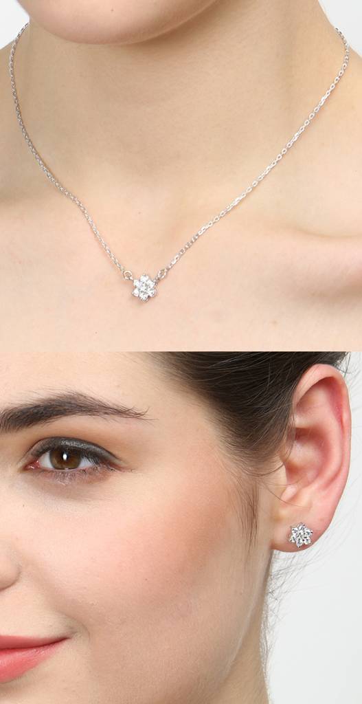 925 Sterling Silver Rhodium Plated Star Pendant Earring Necklace Set With Chain Gift For Women And Girls : CSWZMP52ME52_SCH