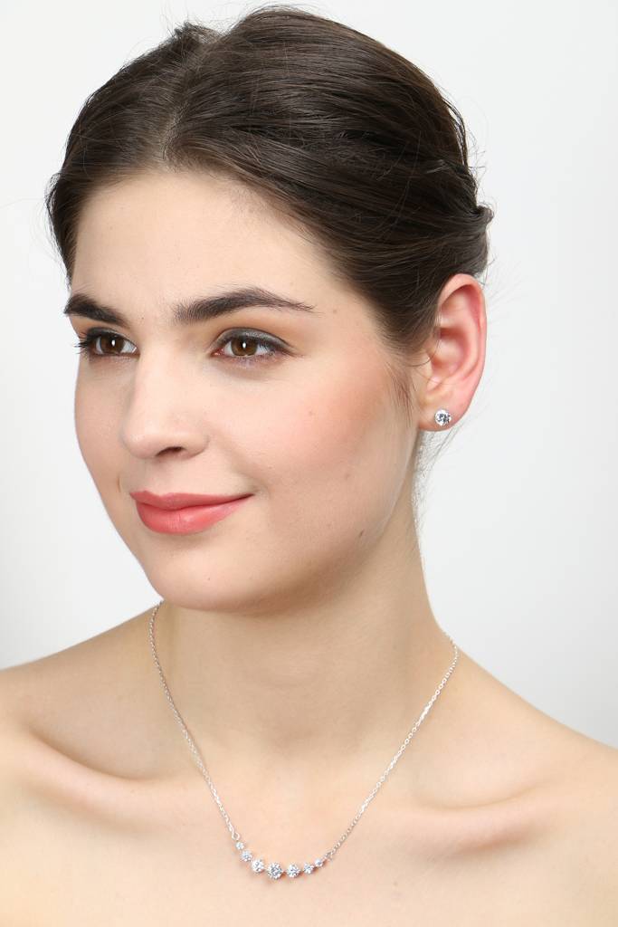 925 Sterling Silver Rhodium Plated 7 Stone Pendant Earring Necklace Set With Chain Gift For Women And Girls : CSWZMP53ME51_SCH