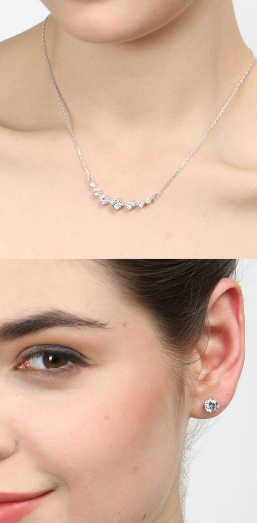 925 Sterling Silver Rhodium Plated 7 Stone Pendant Earring Necklace Set With Chain Gift For Women And Girls : CSWZMP53ME51_SCH