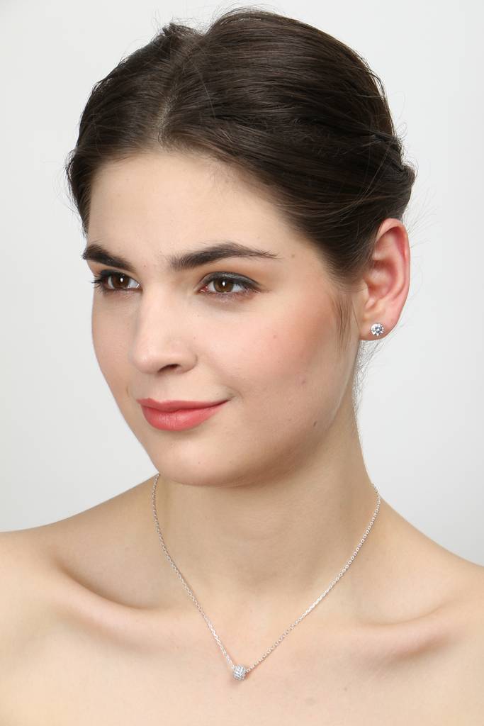 925 Sterling Silver Rhodium Plated Ball Pendant Earring Necklace Set With Chain Gift For Women And Girls : CSWZMP55ME51_SCH