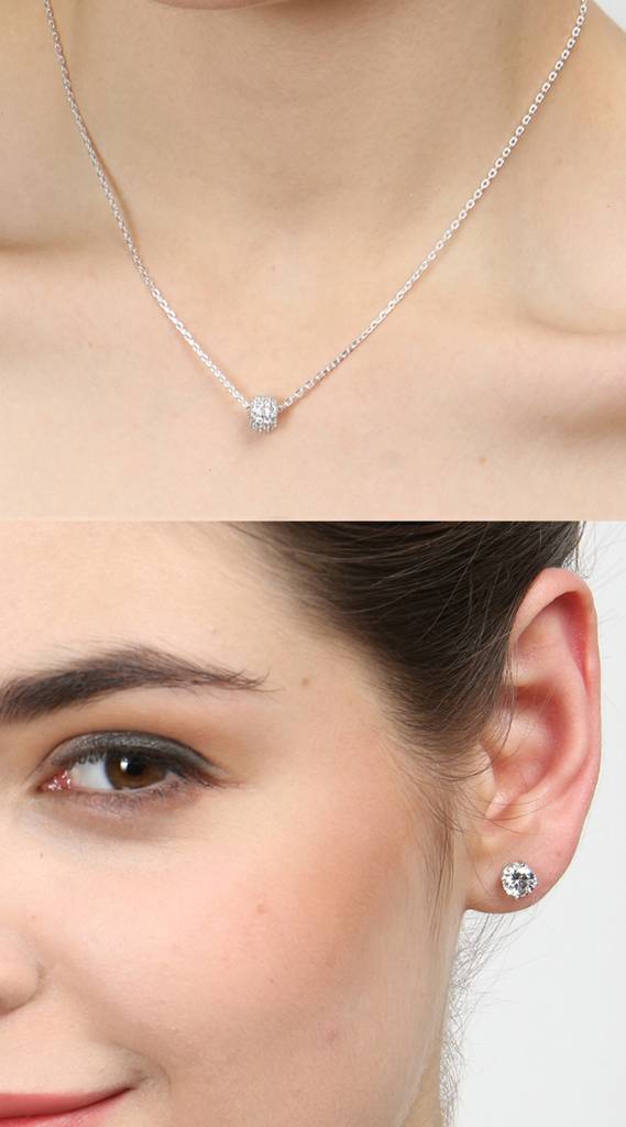 925 Sterling Silver Rhodium Plated Ball Pendant Earring Necklace Set With Chain Gift For Women And Girls : CSWZMP55ME51_SCH