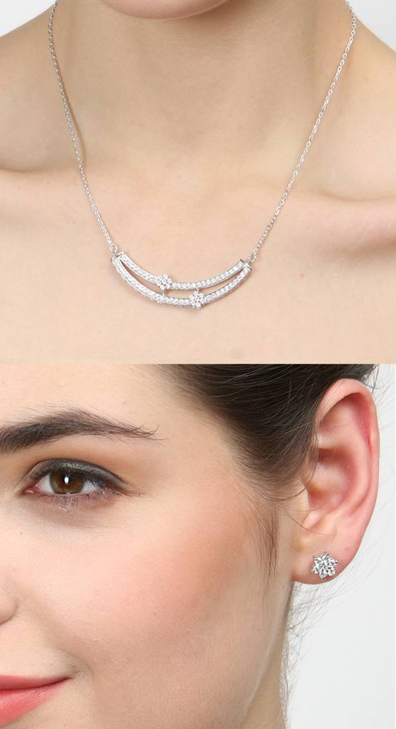 925 Sterling Silver Rhodium Plated Ava Pendant Earring Necklace Set With Chain Gift For Women And Girls : CSWZMP56ME52_SCH