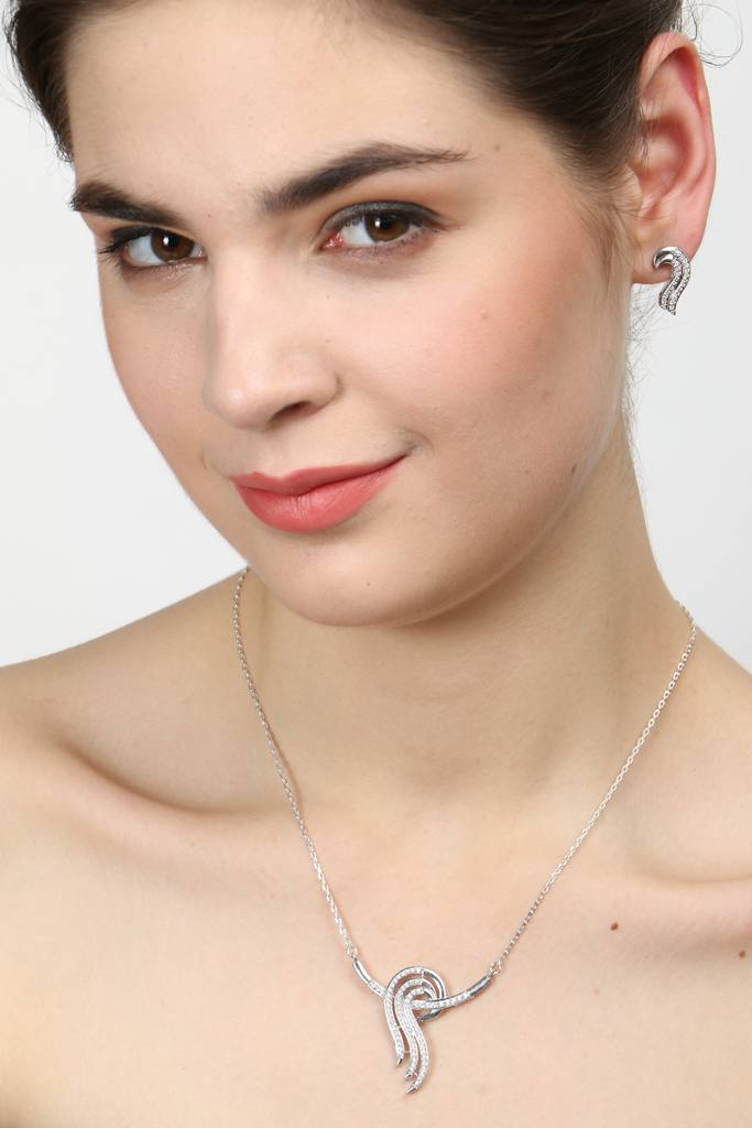 925 Sterling Silver Rhodium Plated Zoe Pendant Earring Necklace Set With Chain Gift For Women And Girls : CSWZMP60ME60_SCH