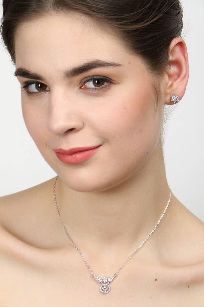 925 Sterling Silver Rhodium Plated Aria Pendant Earring Necklace Set With Chain Gift For Women And Girls : CSWZMP63ME52_SCH