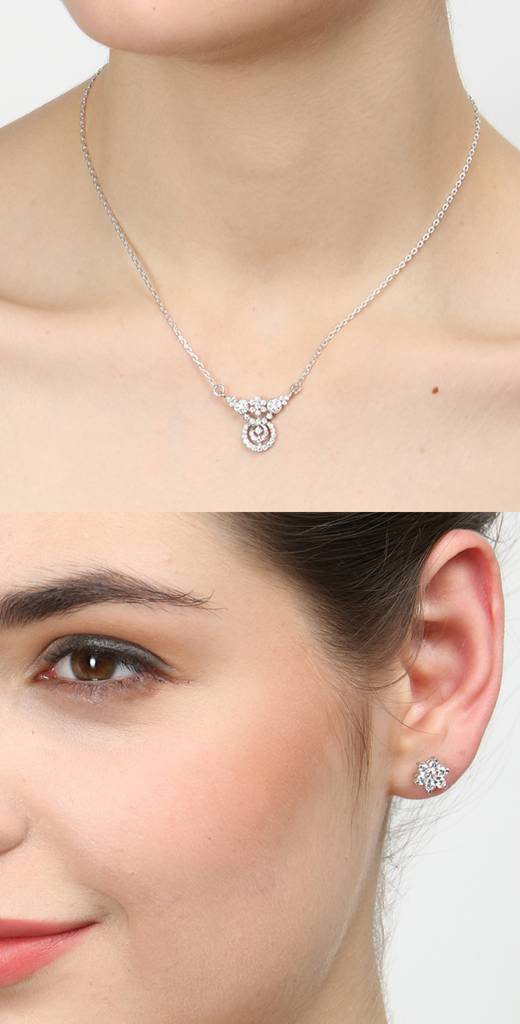 925 Sterling Silver Rhodium Plated Aria Pendant Earring Necklace Set With Chain Gift For Women And Girls : CSWZMP63ME52_SCH