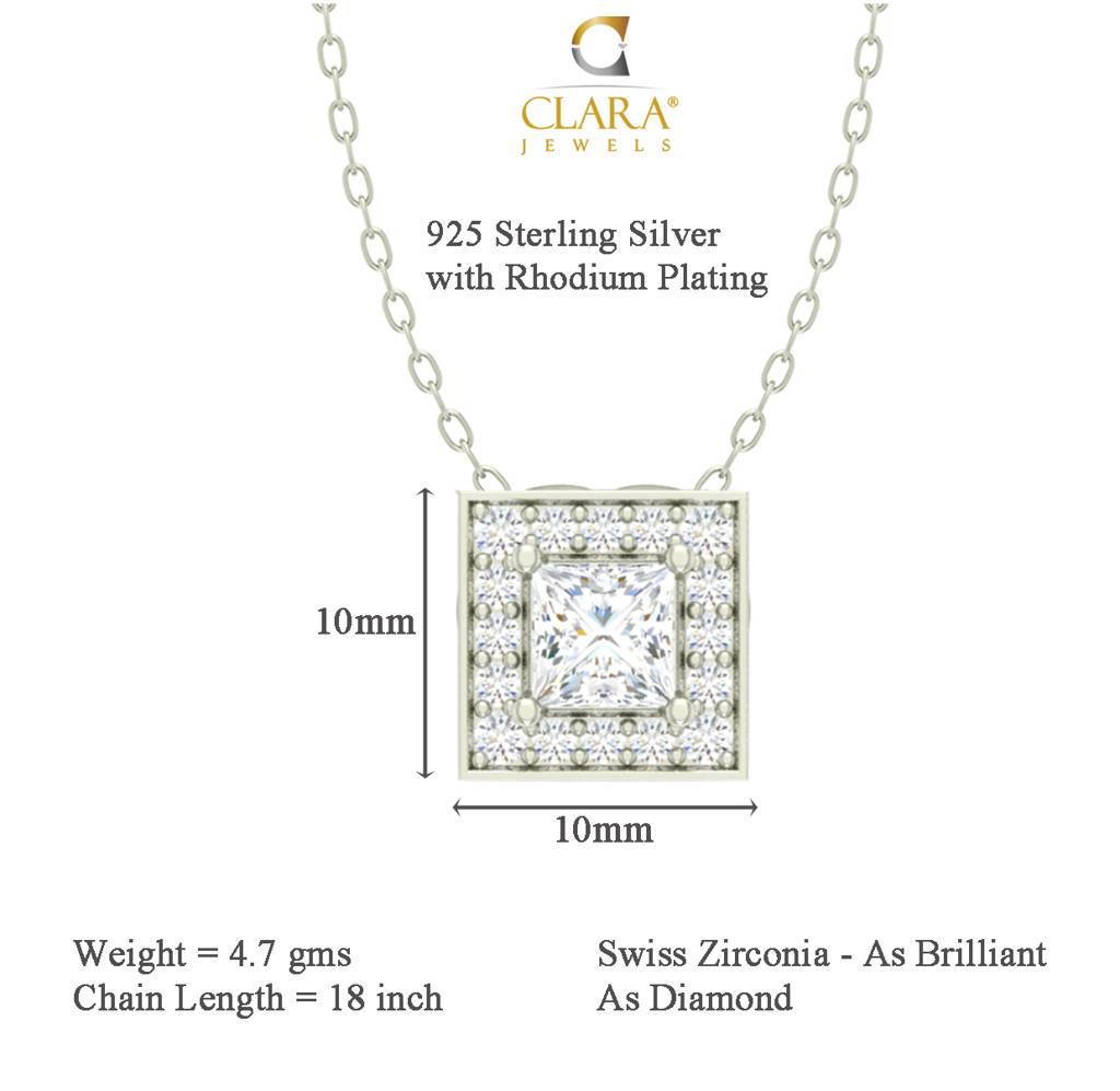 925 Sterling Silver Rhodium Plated Princess Pendant Earring Necklace Set With Chain Gift For Women And Girls : CSWZMP67ME67_SCH