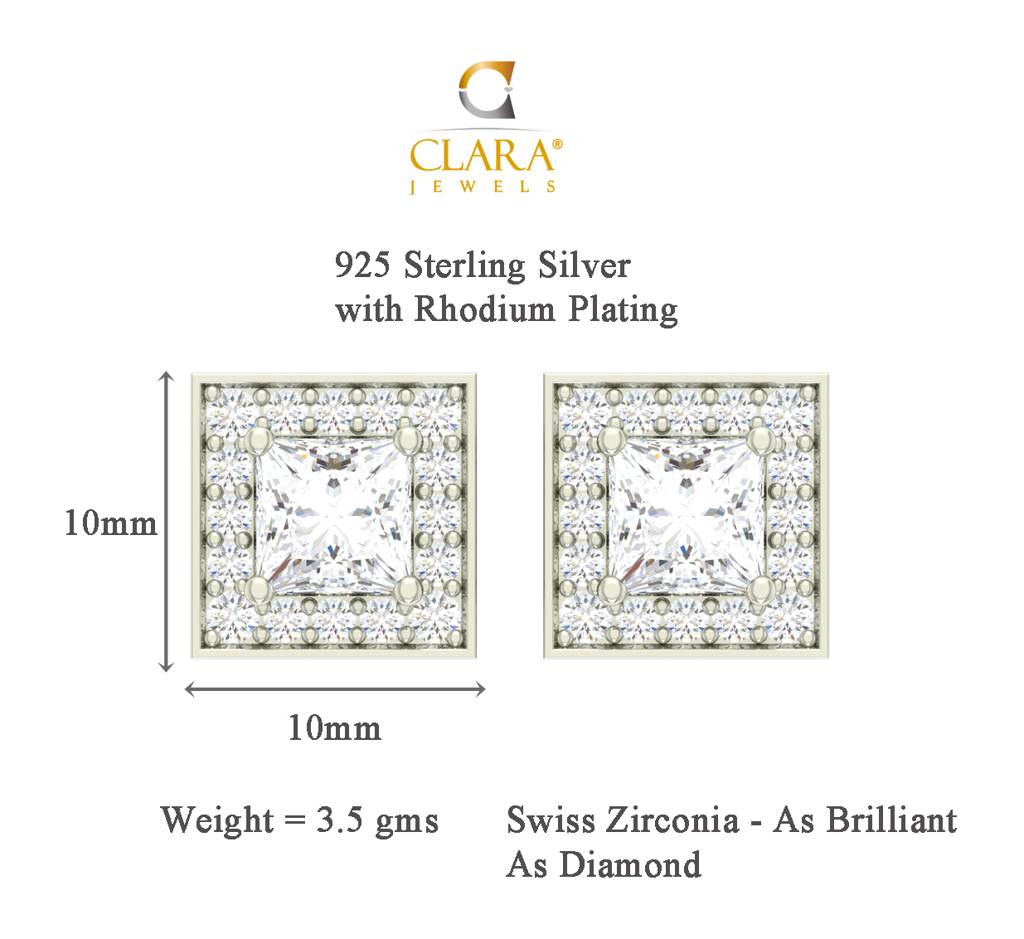 925 Sterling Silver Rhodium Plated Princess Pendant Earring Necklace Set With Chain Gift For Women And Girls : CSWZMP67ME67_SCH