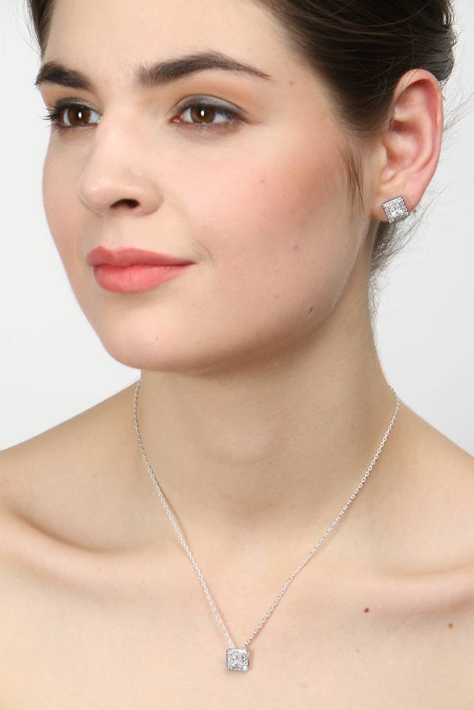 925 Sterling Silver Rhodium Plated Princess Pendant Earring Necklace Set With Chain Gift For Women And Girls : CSWZMP67ME67_SCH