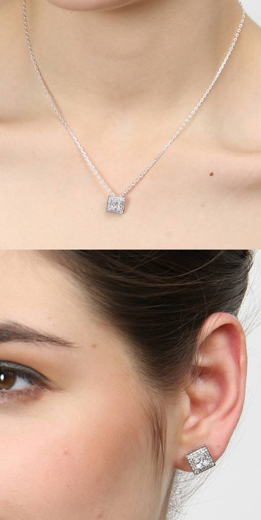 925 Sterling Silver Rhodium Plated Princess Pendant Earring Necklace Set With Chain Gift For Women And Girls : CSWZMP67ME67_SCH