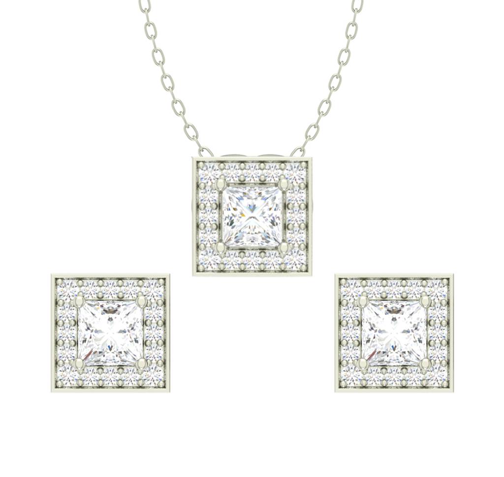 925 Sterling Silver Rhodium Plated Princess Pendant Earring Necklace Set With Chain Gift For Women And Girls : CSWZMP67ME67_SCH