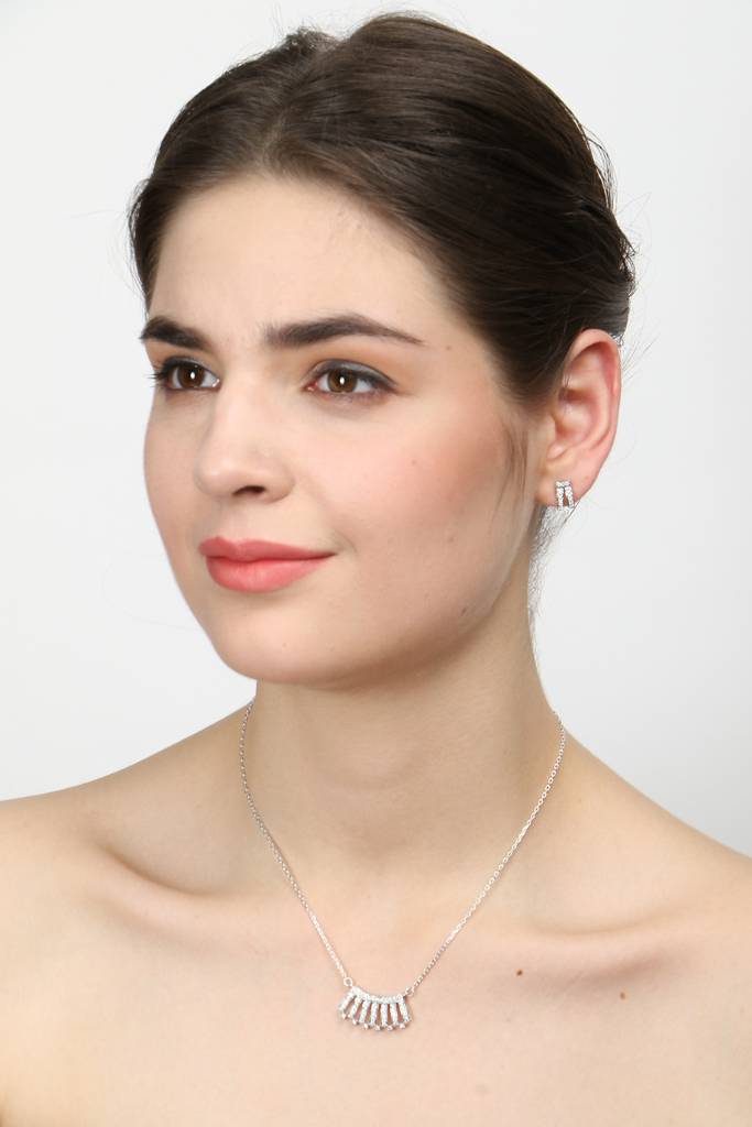 925 Sterling Silver Rhodium Plated Ayla Pendant Earring Necklace Set With Chain Gift For Women And Girls : CSWZMP72ME72_SCH