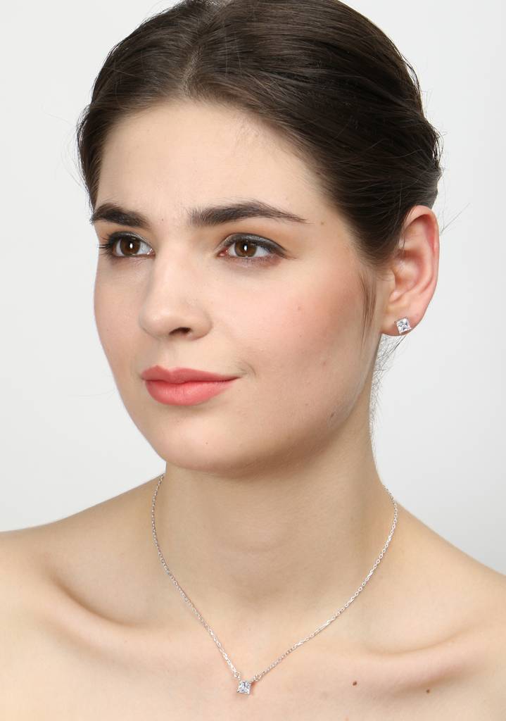 925 Sterling Silver Rhodium Plated Square Pendant Earring Necklace Set With Chain Gift For Women And Girls : CSWZMP78ME78_SCH