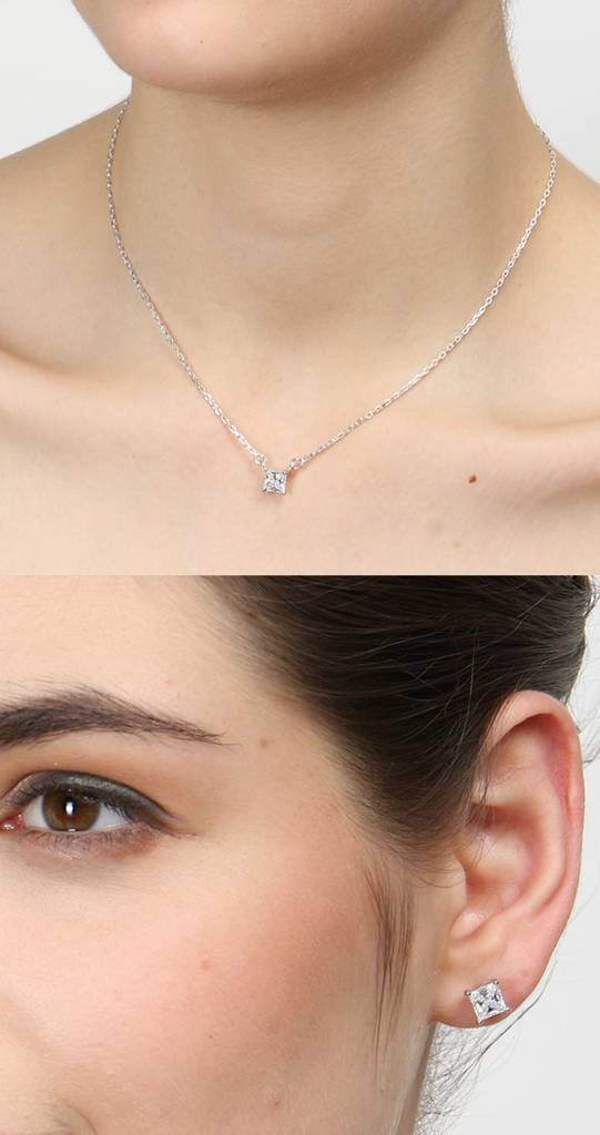 925 Sterling Silver Rhodium Plated Square Pendant Earring Necklace Set With Chain Gift For Women And Girls : CSWZMP78ME78_SCH