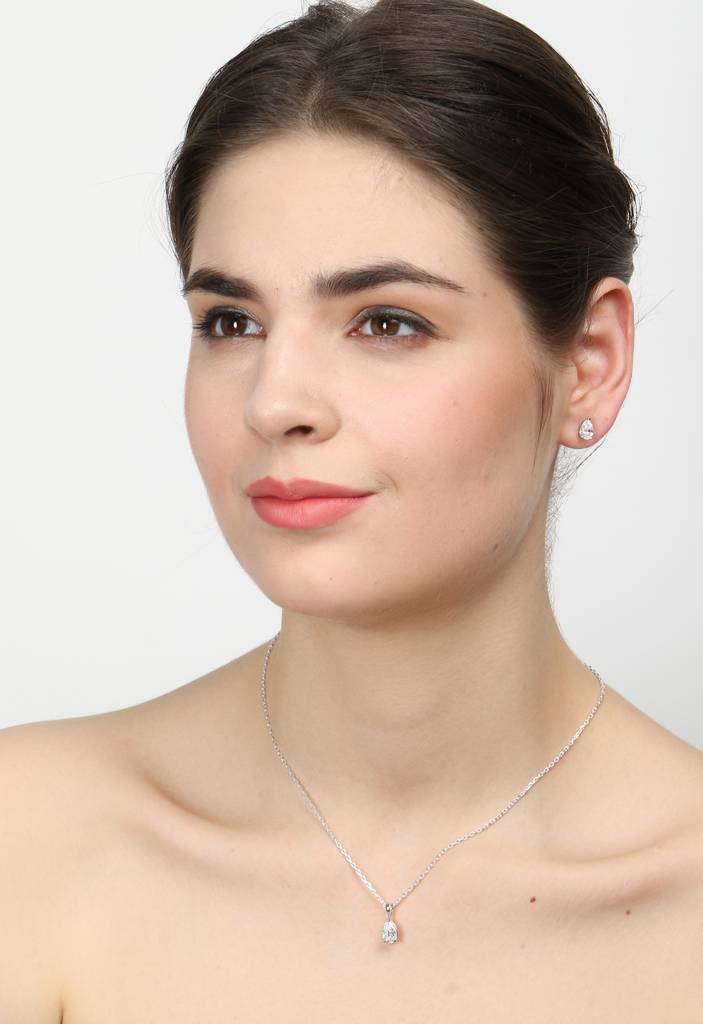 925 Sterling Silver Rhodium Plated Pear Pendant Earring Necklace Set With Chain Gift For Women And Girls : CSWZMP79ME79_SCH