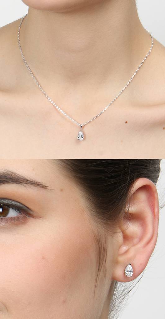 925 Sterling Silver Rhodium Plated Pear Pendant Earring Necklace Set With Chain Gift For Women And Girls : CSWZMP79ME79_SCH