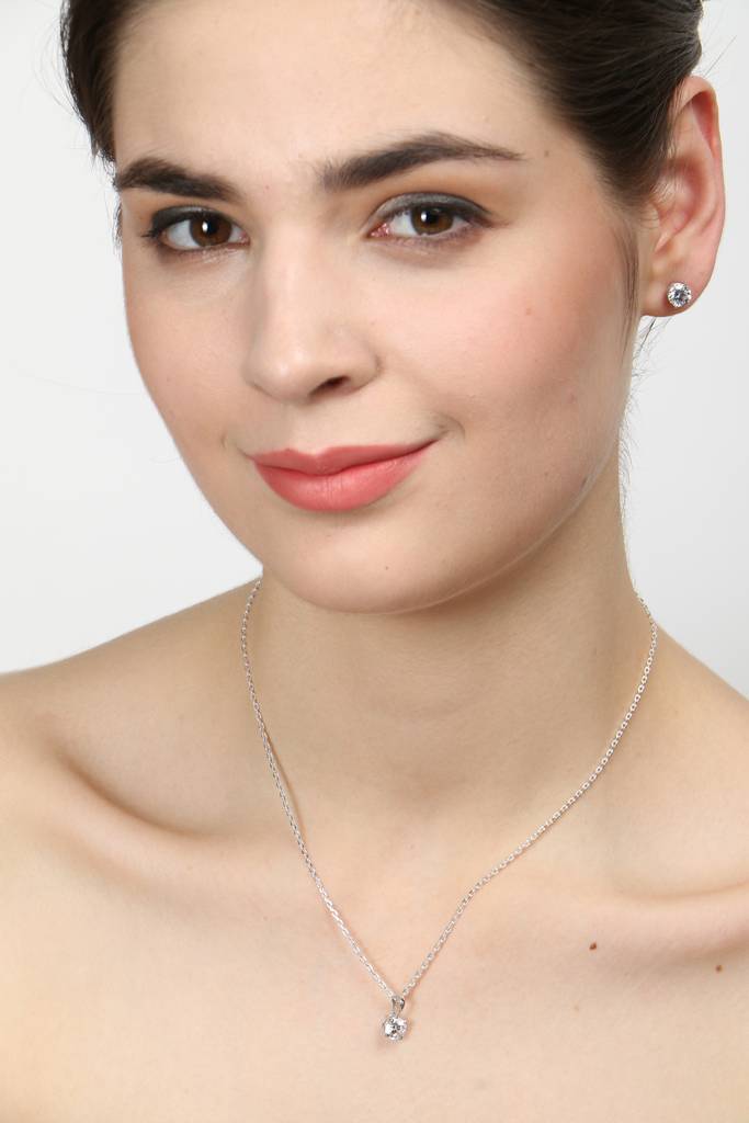 925 Sterling Silver Rhodium Plated Round Pendant Earring Necklace Set With Chain Gift For Women And Girls : CSWZMP80ME51_SCH