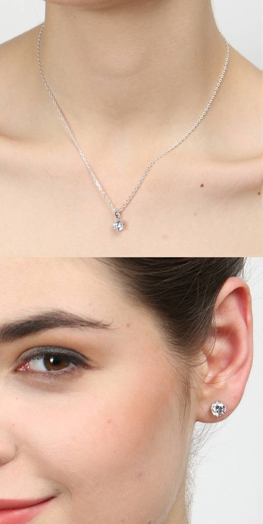 925 Sterling Silver Rhodium Plated Round Pendant Earring Necklace Set With Chain Gift For Women And Girls : CSWZMP80ME51_SCH