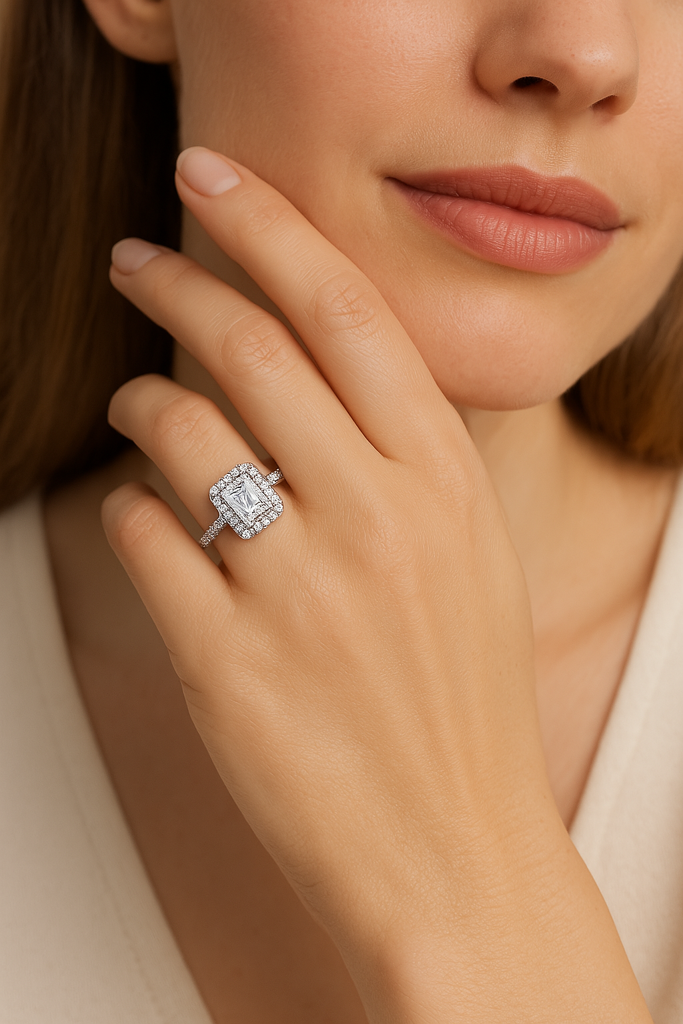 Radiant Cut Solitaire Halo Engagement Silver Ring : RG038