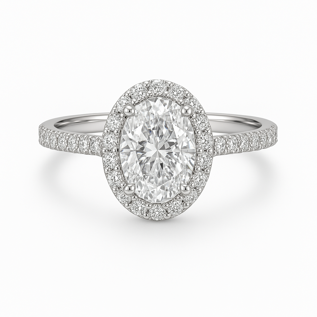 Elegant Oval Halo Diamond Engagement Ring In Sterling Silver : RG039