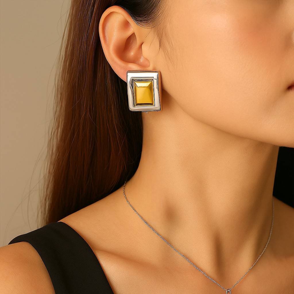18K Plated Waterproof Anti-Tarnish Two-Toned Statement Rectangle Stud Earrings : ALL0725E603SG