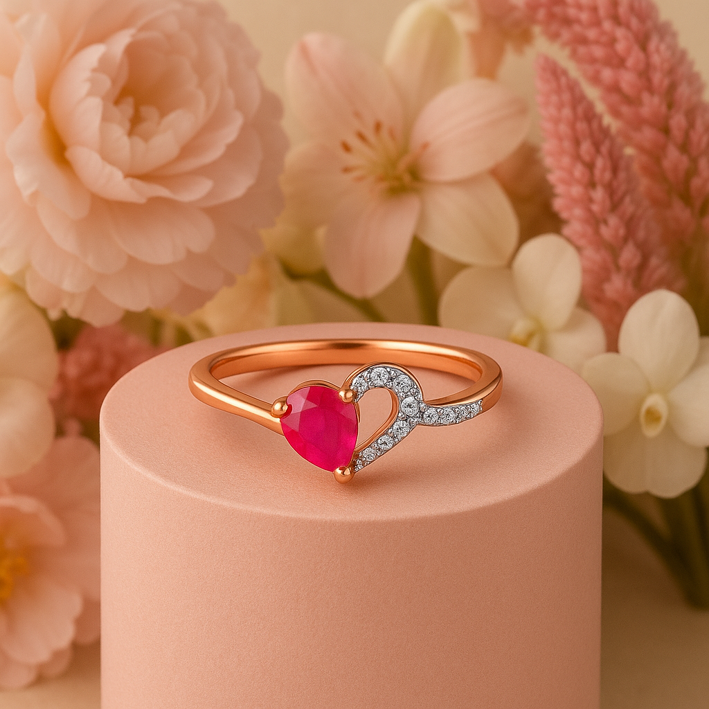 Ruby Heart Embrace Diamond Ring In 14K Gold : ALR00644