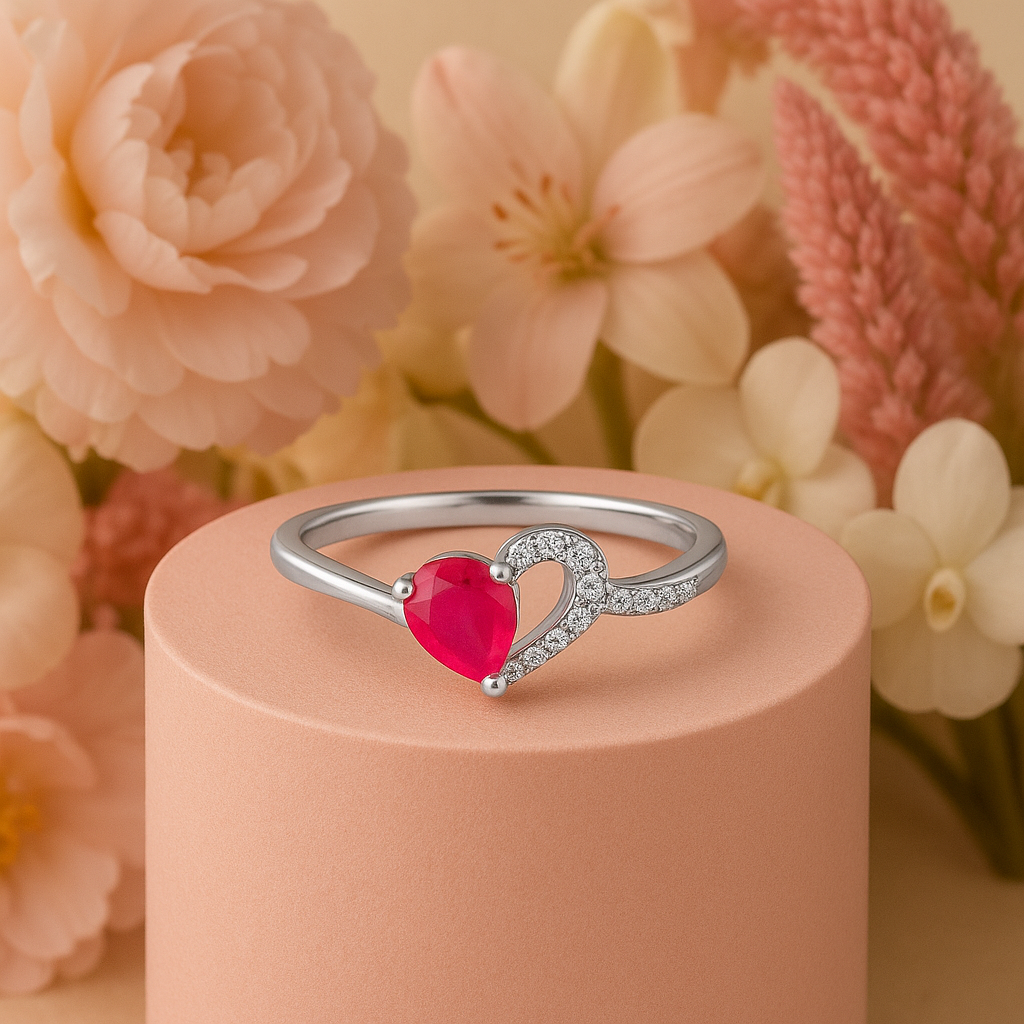 Ruby Heart Embrace Diamond Ring In 14K Gold : ALR00644