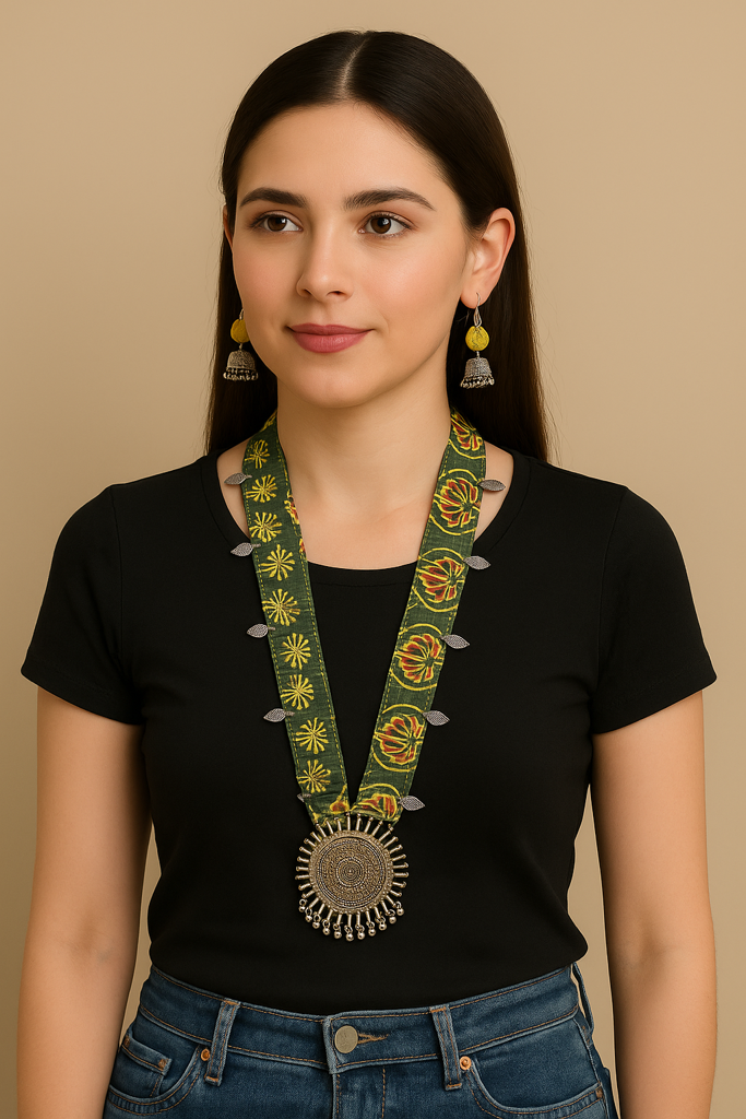 Green Block Printed Fabric Collar Necklace Set With Metal Pendant And Charms : ALT-JEW-krishna-248