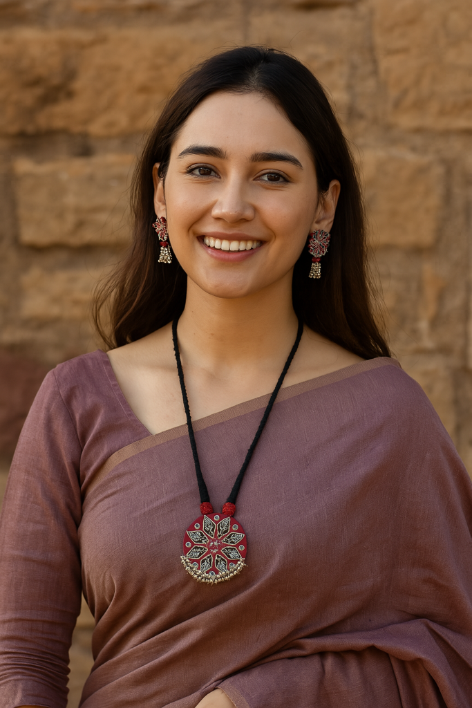 Fabric Beads And Metal Necklace Set With Dangler Earrings : ALT-Jew-krishna-24-1