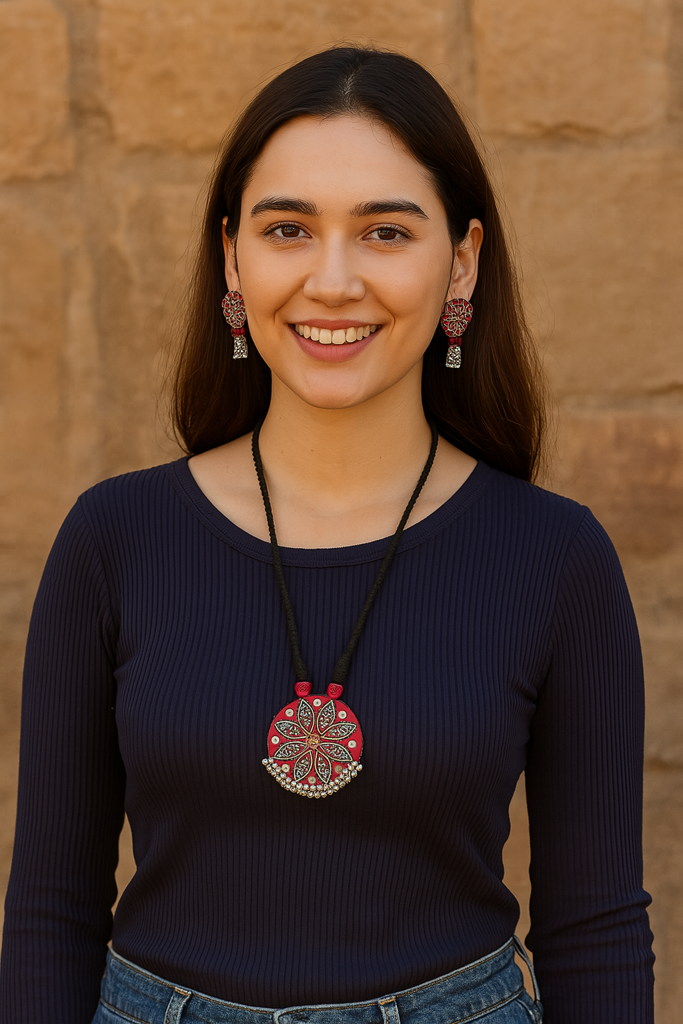 Fabric Beads And Metal Necklace Set With Dangler Earrings : ALT-Jew-krishna-24-1
