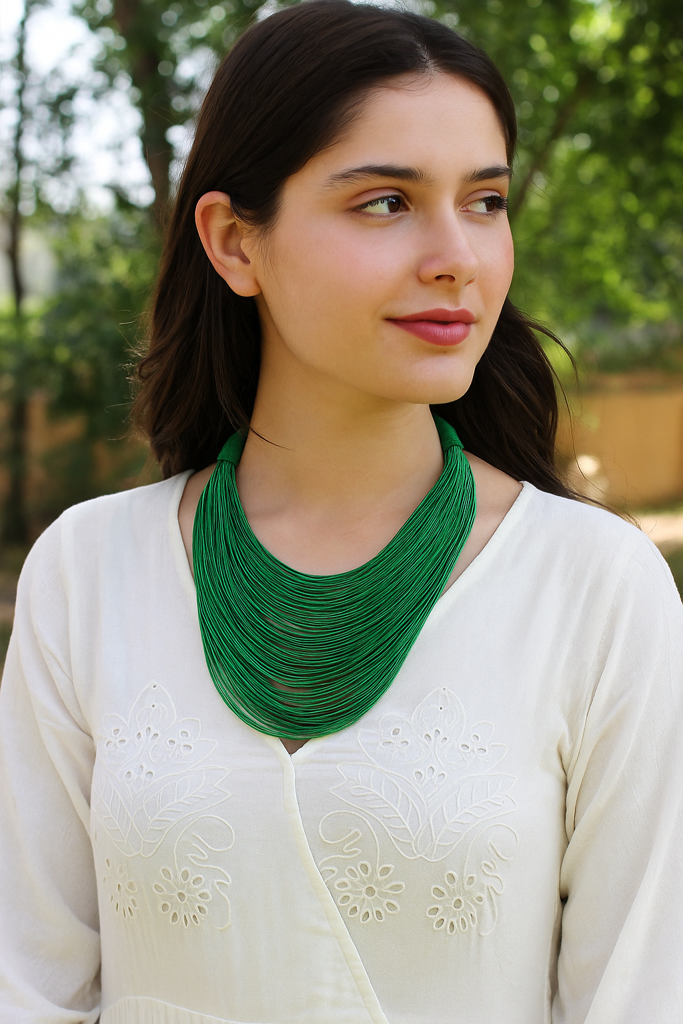 Bottle Green Handmade Silk Threads Multi-Layer Statement African Choker Necklace : ALT-JEW-RWT-141