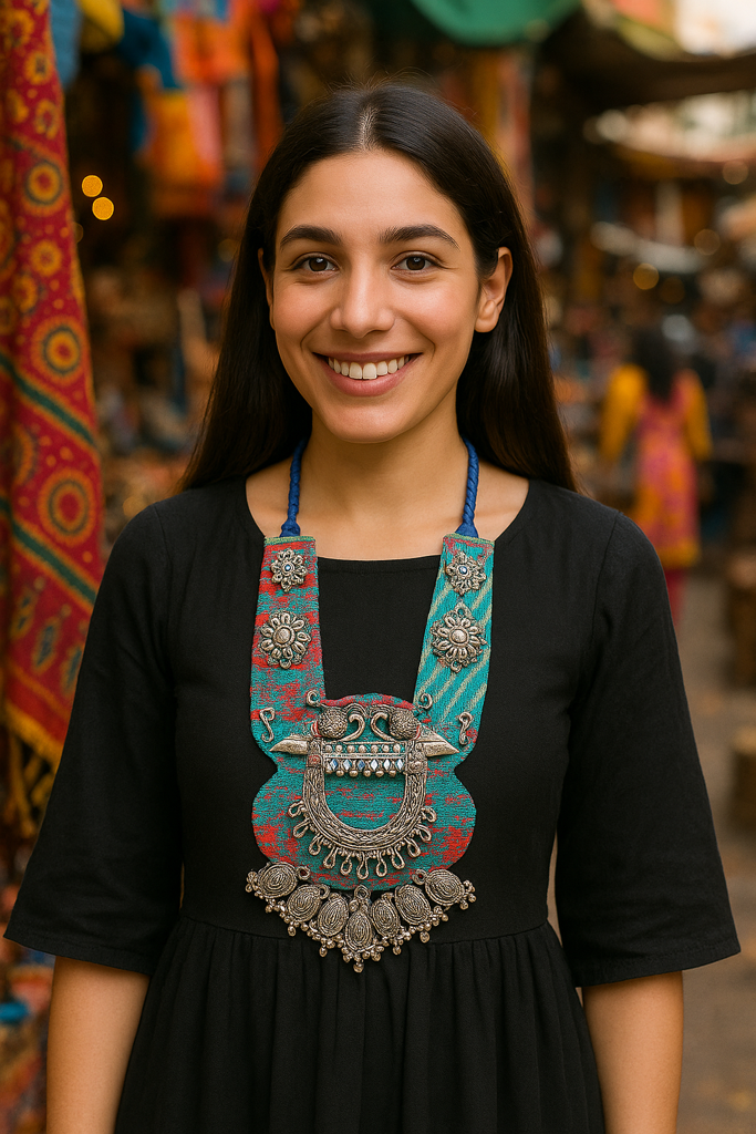 Blue And Multi-Color Hand Embroidered Collar Necklace With Metal Accents : ALT-JEW-KM-250