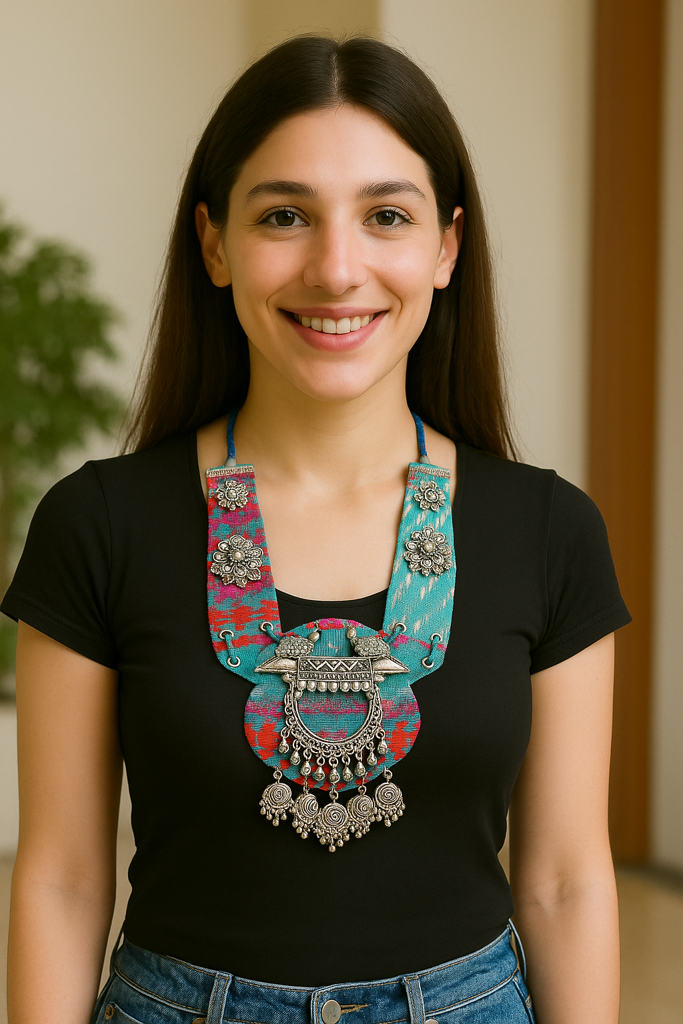 Blue And Multi-Color Hand Embroidered Collar Necklace With Metal Accents : ALT-JEW-KM-250