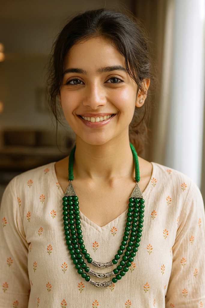 Green Glass Beads Metal 3 Layer Necklace : ALT-JEW-KM-40