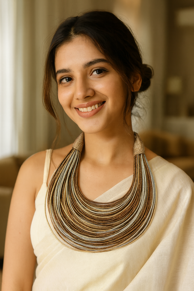 Grey & Brown Handmade Silk Threads Multi-Layer Statement African Choker Necklace : ALT-JEW-RWT-86