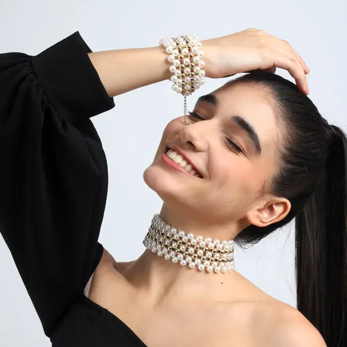 Tfc Pearl Mesh With Double Bold Bead Gold Plated Choker Necklace : 20252