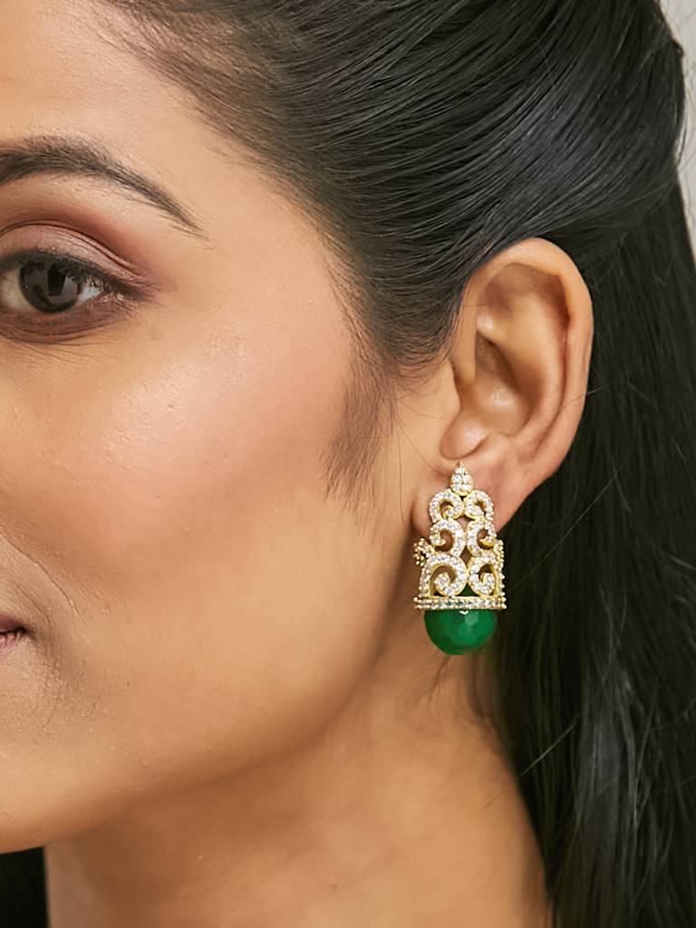 Emerald Green Gemstone And Gold Filigree Earrings With Crystals : YI24A0204E