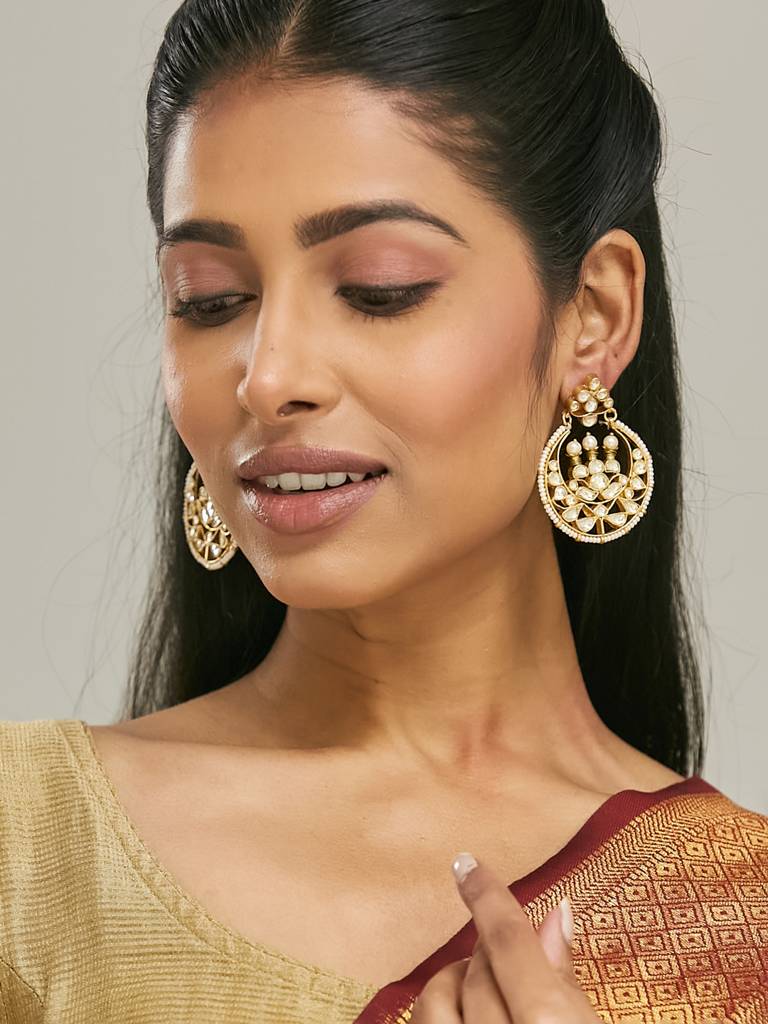 Elegant Gold-Plated Kundan And Pearl Chandbali Earrings : YI24A0184E