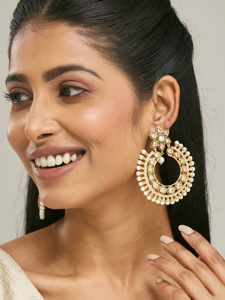 Elegant Gold-Plated Kundan Pearl Chandbali Earrings : YI24A0199E