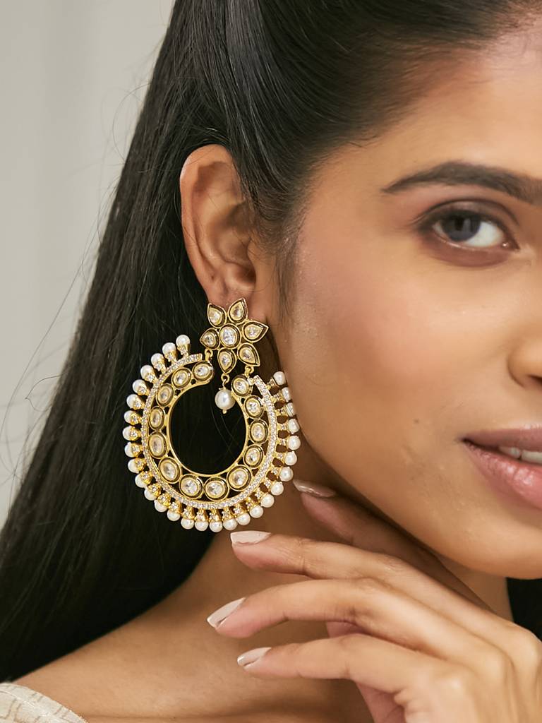 Elegant Gold-Plated Kundan Pearl Chandbali Earrings : YI24A0199E