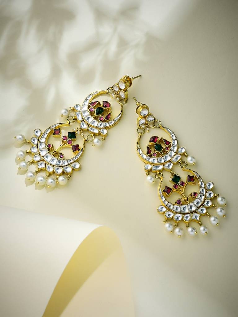 Elegant Multicolor Kundan Pearl Chandbali Earrings : YI24A0180E