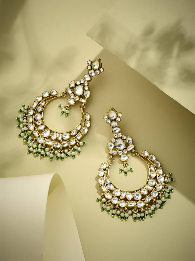 Elegant Gold-Plated Kundan Chandbali Earrings With Green Beads