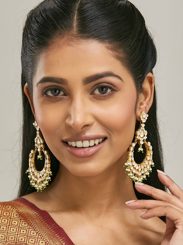 Elegant Gold-Plated Kundan Chandbali Earrings With Green Beads : YI24A0182E