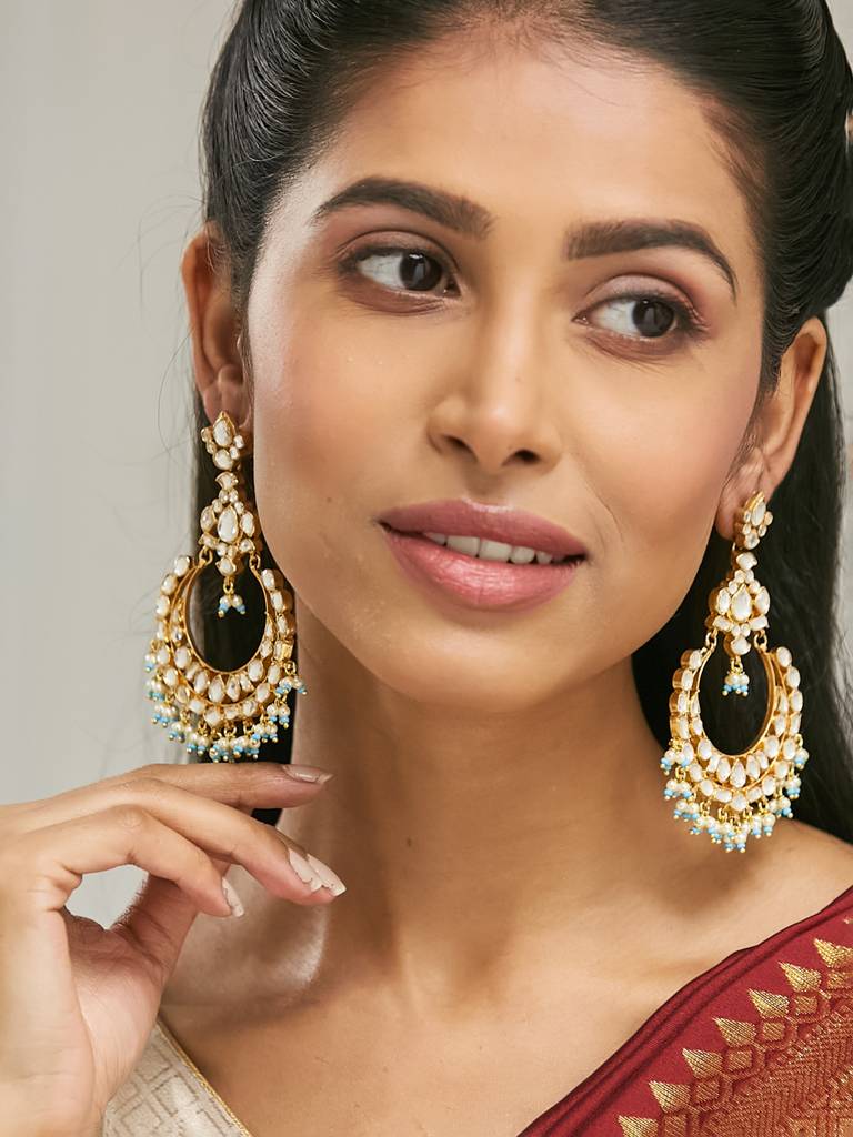Elegant Gold-Plated Kundan Hoop Earrings With Blue Bead Accents : YI24A0183E