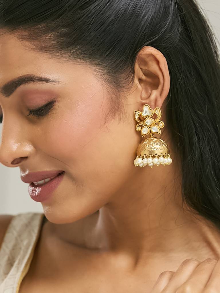 Elegant Gold-Plated Pearl Jhumka Earrings With Intricate Design : YI24A0188E