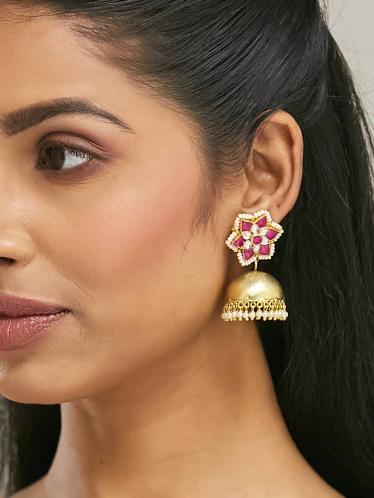 Elegant Gold-Plated Jhumka Earrings With Ruby And Pearl Accents : YI24A0193E
