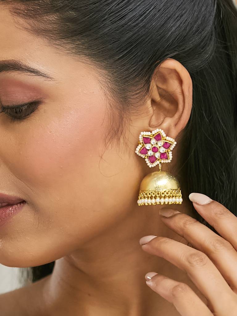 Elegant Gold-Plated Jhumka Earrings With Ruby And Pearl Accents : YI24A0193E
