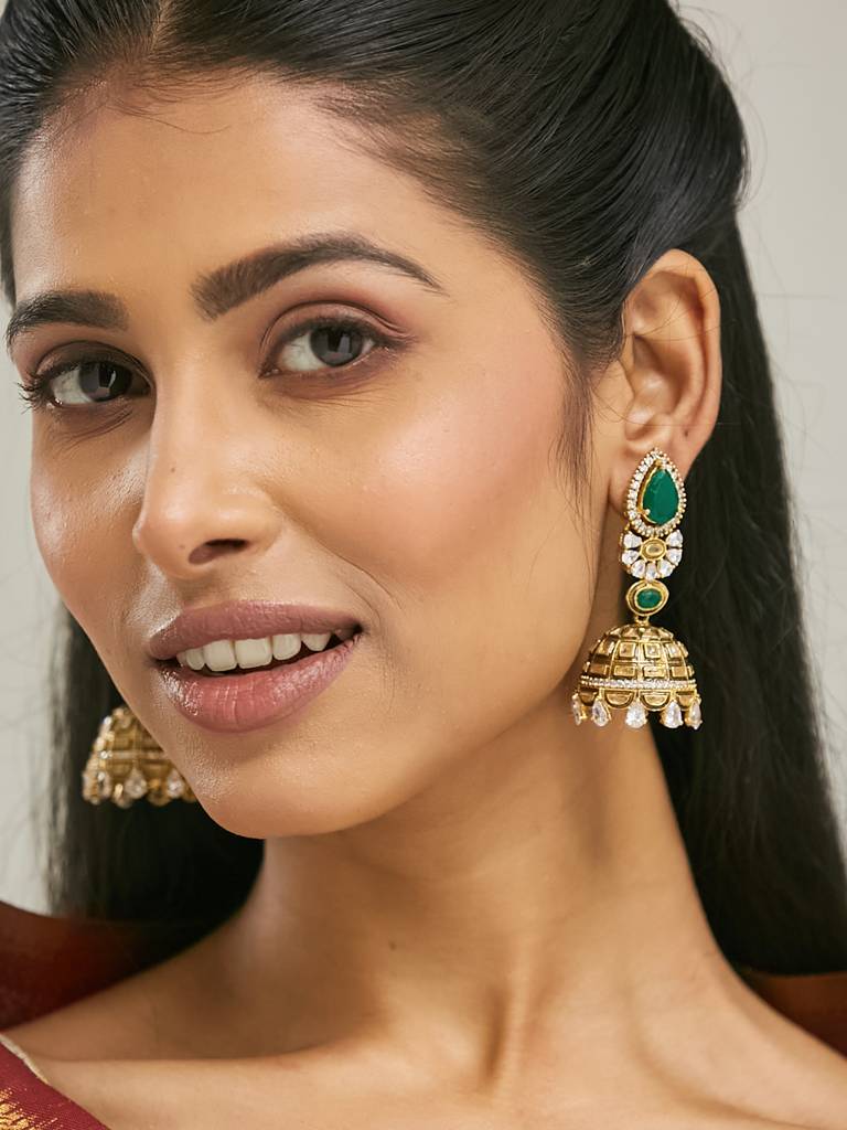 Regal Gold And Emerald Jhumka Earrings With Crystal Accents : YI24A0200E